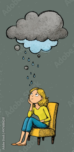 A woman with blonde hair sits comfortably in a chair, lost in thought as a cloud drips rain above her. The setting conveys a warm, introspective mood, perfect for quiet moments.