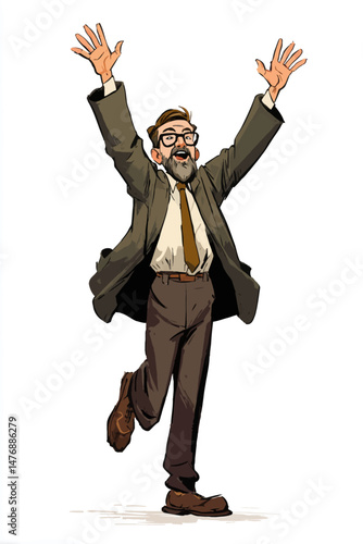 A happy American man dressed in formal business attire leaps with joy, raising his arms enthusiastically. His glasses and beard add to his cheerful expression, conveying a sense of triumph.