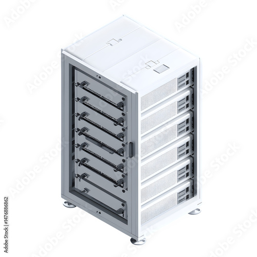 Isometric view of a white server rack with multiple servers and open side showing cable management
