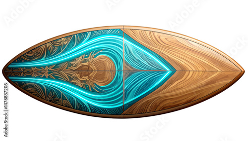 Teal And Brown Wooden Surfboard With Intricate Design