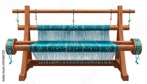 Teal Fabric On A Wooden Loom Dark Background
