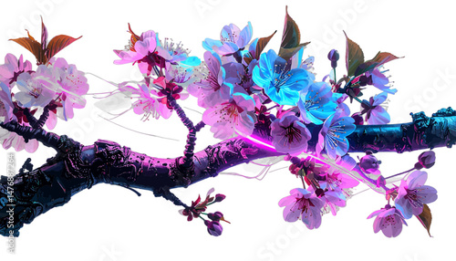 Vibrant Pink And Blue Neon Cherry Blossoms On Dark Branch