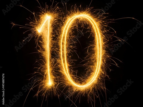 Golden glowing number ten sparkles in darkness, creating a dynamic and celebratory countdown atmosphere.