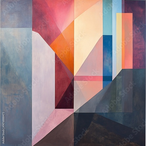 Abstract geometric composition with warm and cool tones, featuring overlapping shapes and varying hues
