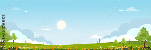 Spring background,Blue sky,clouds,sun,flowers field,tree,green meadow landscape,Vector cartoon countryside rural nature in sunny day summer,Village scene valley for screen wallpaper background banner