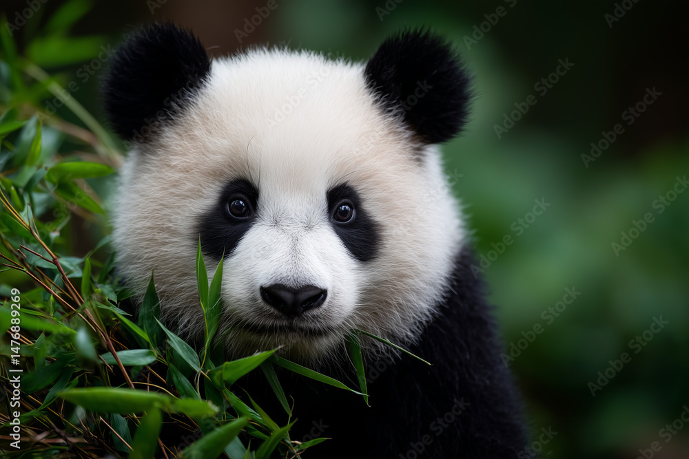 Fototapeta premium Close-up of a young panda gazing through green bamboo foliage in a lush forest setting during midday