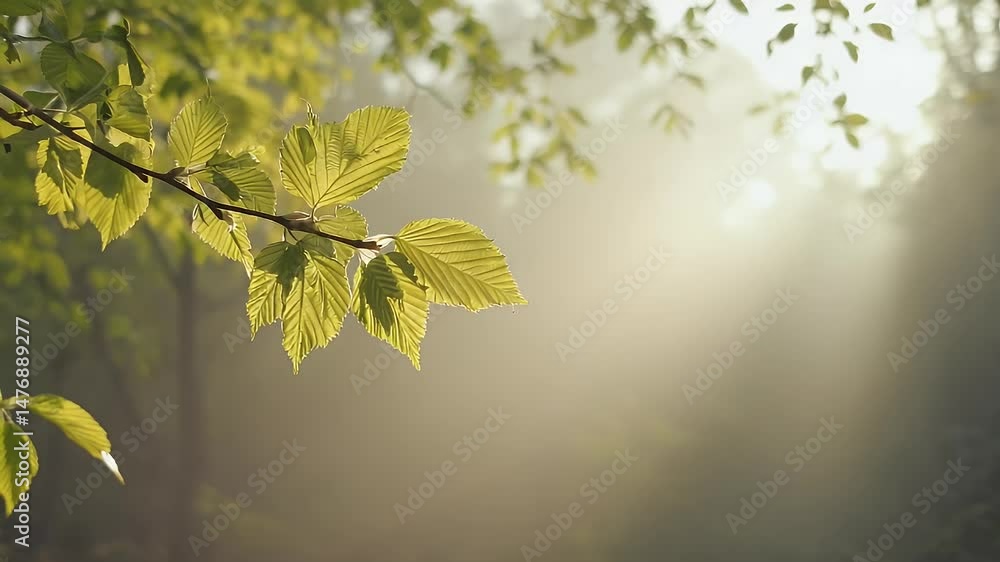 Sunlit Spring Leaves in Misty Forest Sunlit Spring Leaves in Misty Forest