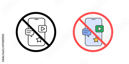 Digital distractions icon – smartphone with app icons inside a red prohibition symbol, representing focus, reduced screen time, and mindful technology use.