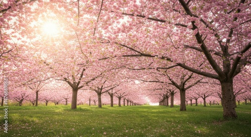 Blossoming Cherry Trees in Spring Sunlight