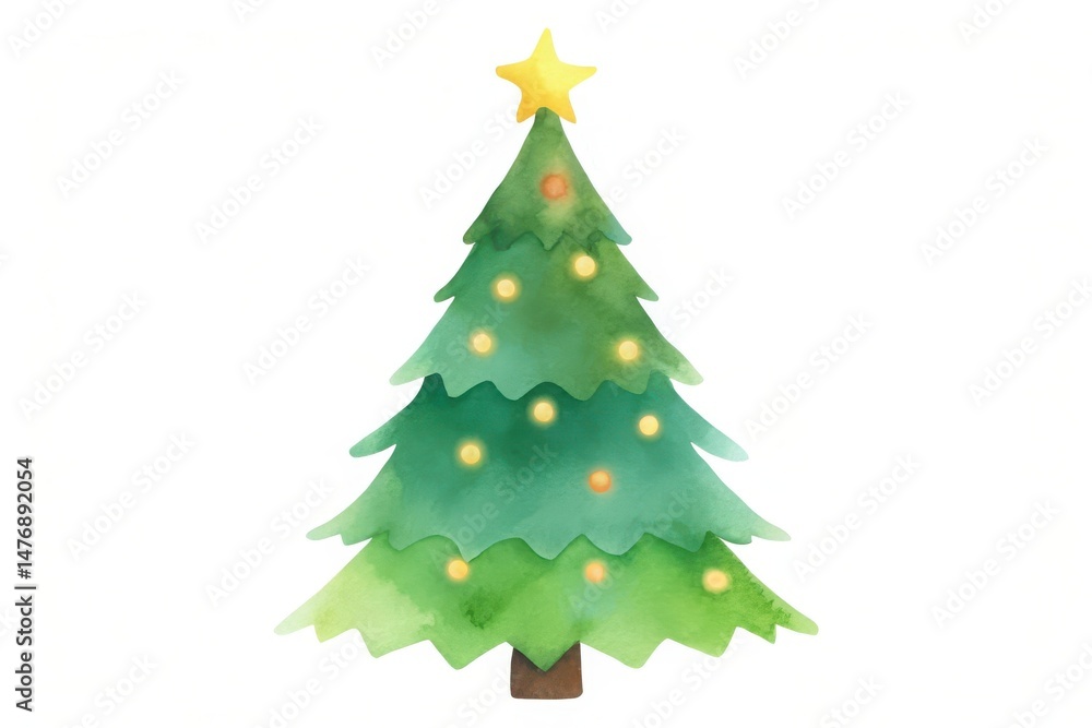 Watercolor christmas tree illustration featuring star and lights on a clean white background Watercolor christmas tree illustration featuring star and lights on a clean white background