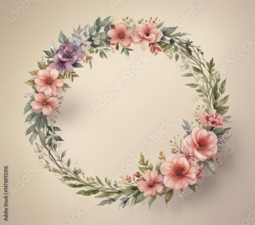 Elegant floral wreath frame, watercolor style,  announcement,  premium