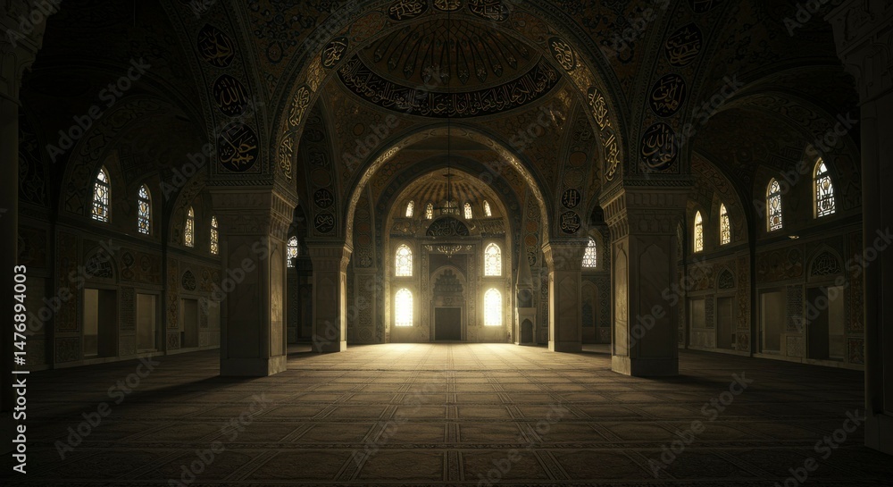 Obraz premium Majestic mosque interior bathed in sunlight