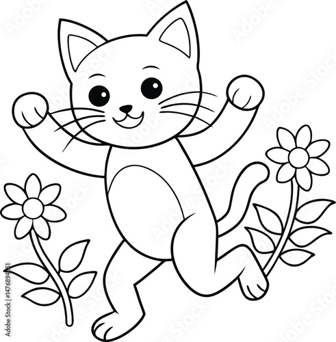 A Cute Cat Dancing In A Garden In Black Outline Coloring Pages
