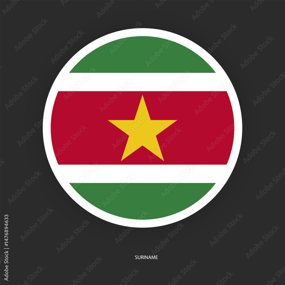 Suriname circle flag icon with shadow on dark background. Suriname button icon with white border isolated dark grey background Suriname circle flag icon with shadow on dark background. Suriname button icon with white border isolated dark grey background