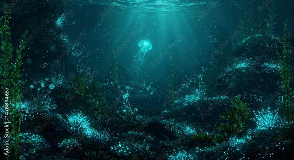 Obraz premium Underwater scene with glowing flora and fauna
