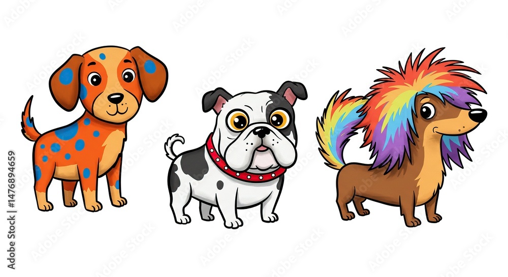 Fototapeta premium Three Cute Cartoon Dogs Illustration Set