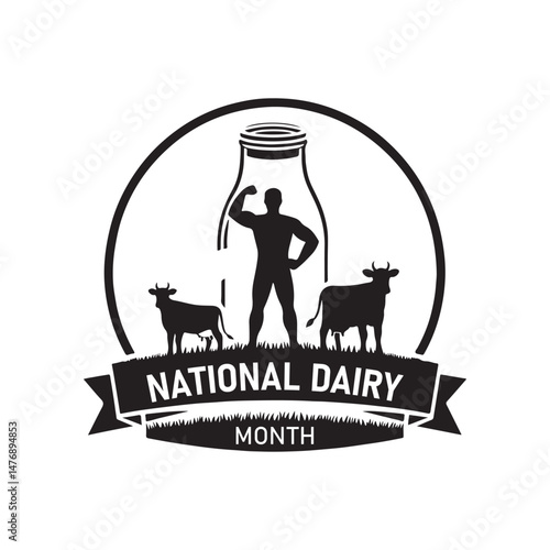 National Dairy Month Silhouette Vector Illustration, Solid White Background.