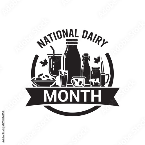 National Dairy Month Silhouette Vector Illustration, Solid White Background.