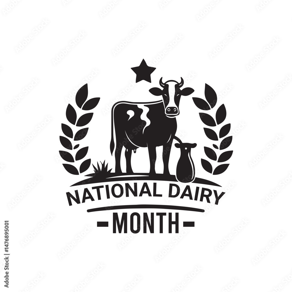 Obraz premium National Dairy Month Silhouette Vector Illustration, Solid White Background.
