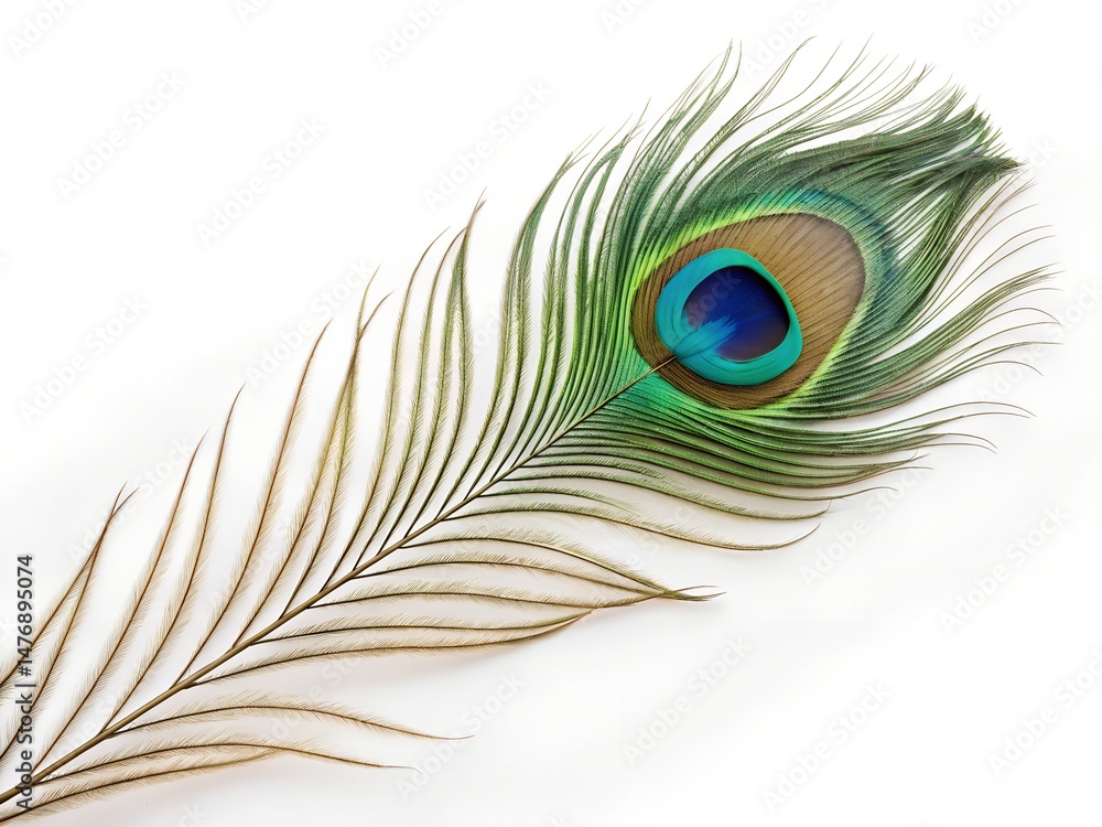Fototapeta premium Peacock feather isolated on white. Decorative abstract nature background. Bright colorful design with blue, green, brown colours. Tropical elegance, detail, exotic beauty, eye, pattern