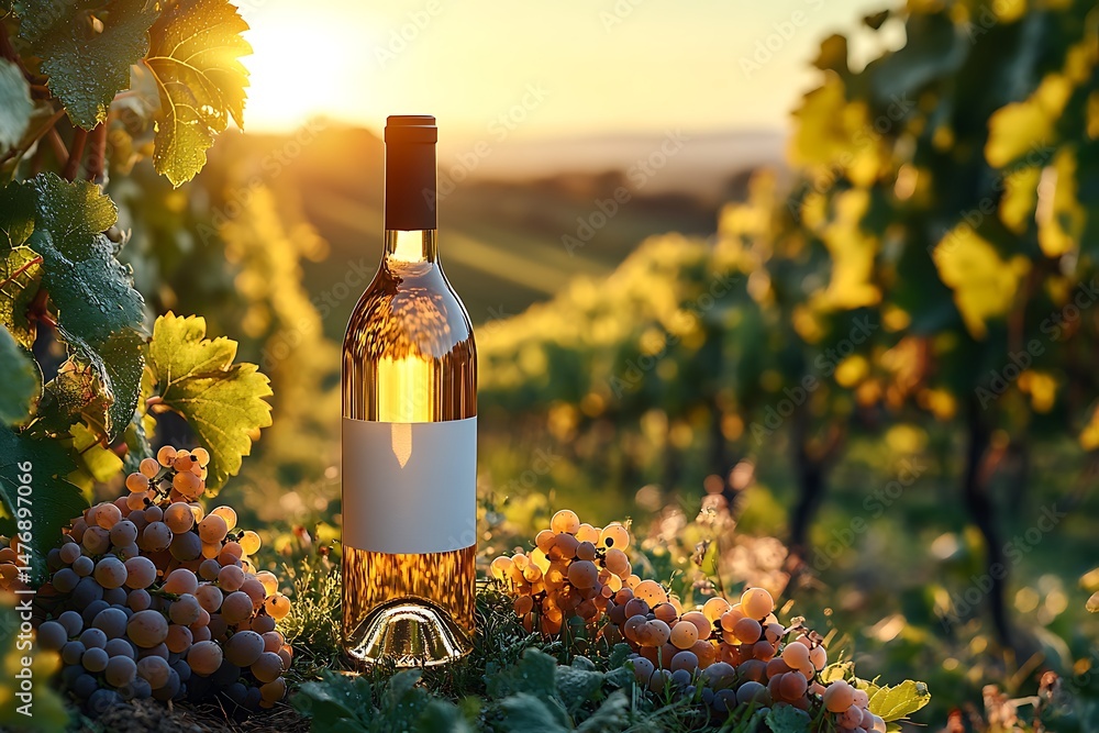 Fototapeta premium White wine bottle in a vineyard at golden hour with grapes and lush greenery