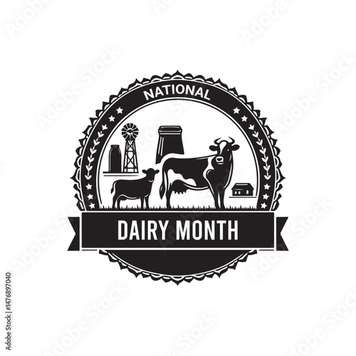 National Dairy Month Silhouette Vector Illustration, Solid White Background.