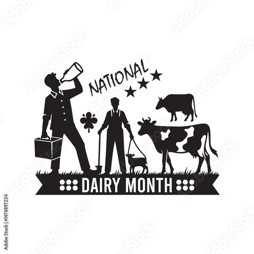 National Dairy Month Silhouette Vector Illustration, Solid White Background.