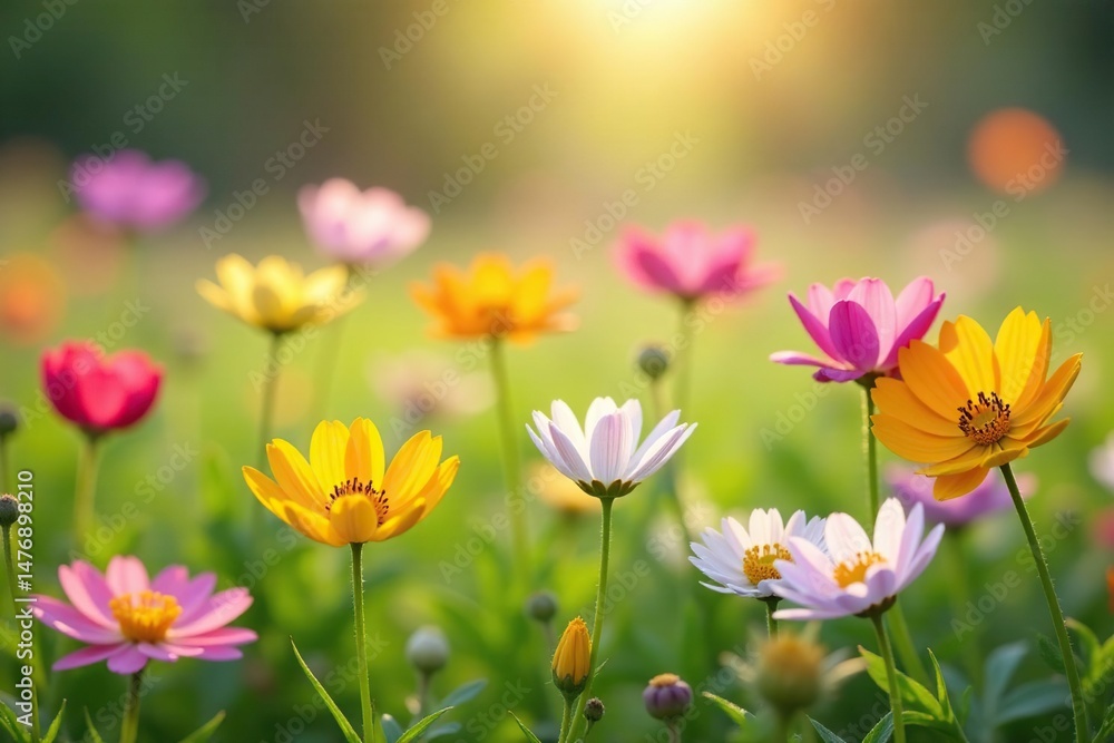 Vibrant wildflowers bloom in a sun-drenched springtime meadow , green, sunlight Vibrant wildflowers bloom in a sun-drenched springtime meadow , green, sunlight