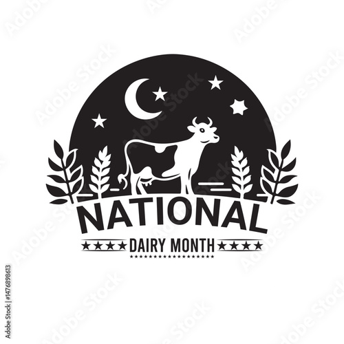 National Dairy Month Silhouette Vector Illustration, Solid White Background.