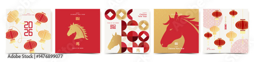 Chinese New Year 2026 design templates set in red, gold and white colors for greeting card, poster, banner, cover. Hieroglyphics mean wishes of a Happy New Year and symbol of the Year of the Horse.