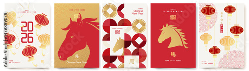 Chinese New Year 2026 design templates set in red, gold and white colors for greeting card, poster, banner, cover. Hieroglyphics mean wishes of a Happy New Year and symbol of the Year of the Horse.