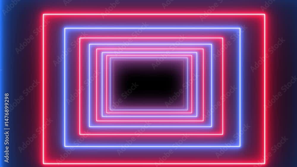 Neon line rectangle tunnel background. Abstract Futuristic neon tunnel square line animation on a black background. Rectangle 3d rendering seamless loop motion of tunnel. Neon line rectangle tunnel background. Abstract Futuristic neon tunnel square line animation on a black background. Rectangle 3d rendering seamless loop motion of tunnel.