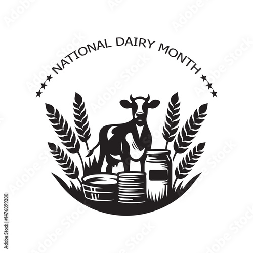 National Dairy Month Silhouette Vector Illustration, Solid White Background.