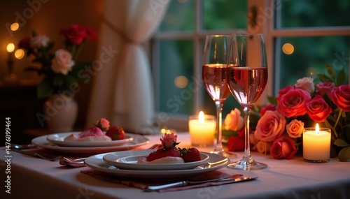 Romantic anniversary dinner setting with candles, wine, and flowers , romance, relationship, proposal