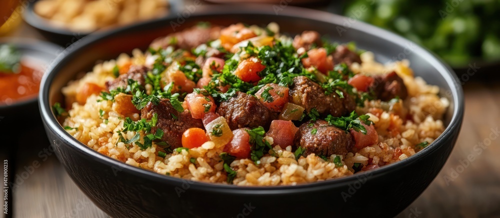 Bulgur Salad with Meat and Vegetables in Black Bowl Bulgur Salad with Meat and Vegetables in Black Bowl