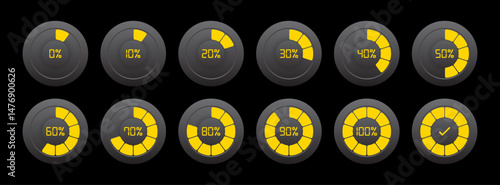 Infographic circle with 0 to 100 percent indicator in yellow and grey color. Set of circle percentage diagrams for infographics 0 10 20 30 40 50 60 70 80 90 100 percent. Circle loading progress set.