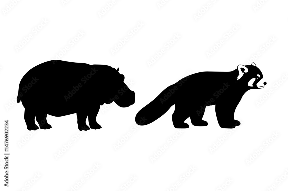 Fototapeta premium Black and white vector illustration shows silhouettes of a wild bear, a mammal animal