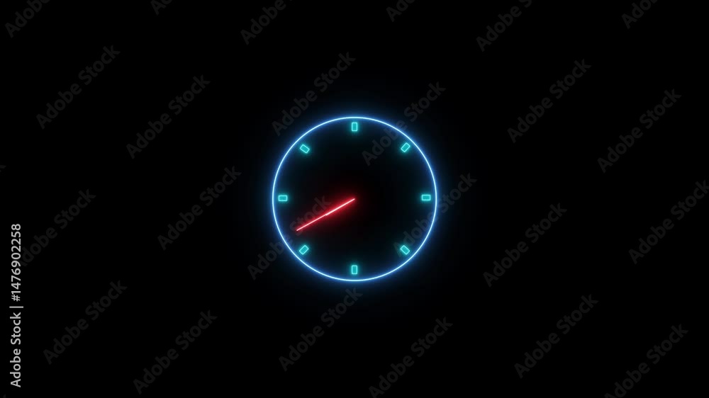 Abstract neon clock icon animation. Digital and analog clock 24 hours isolated on black background 4k video.
