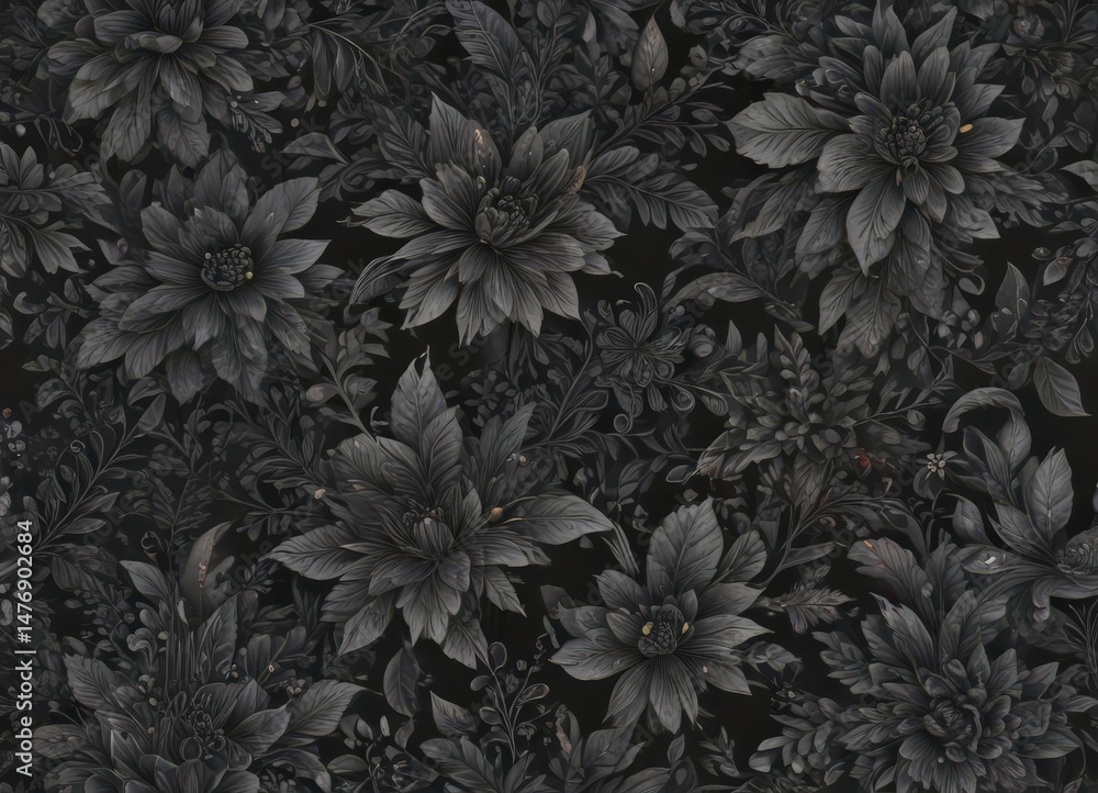 custom made wallpaper toronto digitalIntricate charcoal floral pattern, abstract botanical design, dark grey, vintage