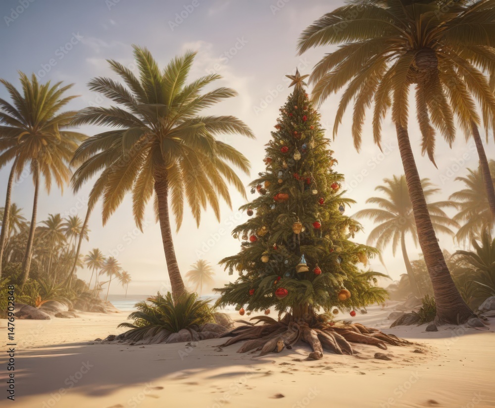 Obraz premium Ornate Christmas tree amidst palm trees on sandy shore, exotic holiday , surreal, exotic