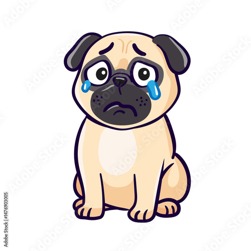pug dog is upset and crying, tears are coming out of his eyes on white isolated background. Hand drawn vector illustration cute cartoon sticker
