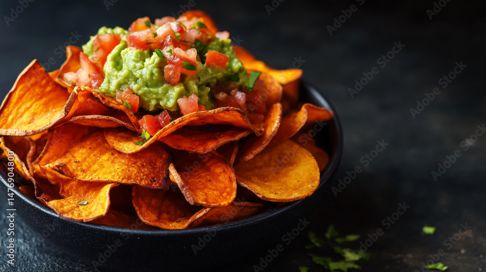 A pile of sweet potato chips, topped with guacamole and pico de gallo, in a black bowl, on a dark background. A pile of sweet potato chips, topped with guacamole and pico de gallo, in a black bowl, on a dark background.