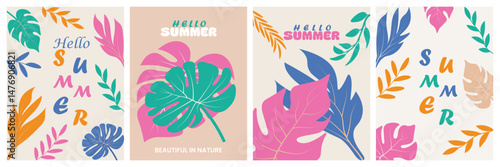 Summer Concept greeting cards set plants, leaves, flowers art. Boho painting art style wall decor celebration template poster, banner, covers, branding, labels, ads