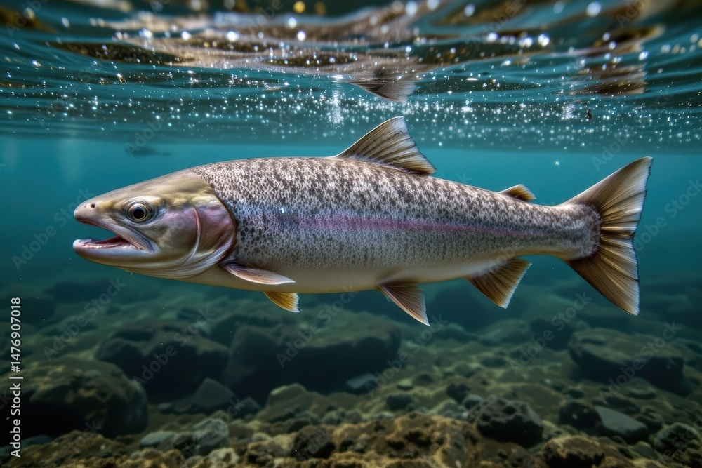 Trout Fish Swimming Gracefully Underwater in a Clear Freshwater Habitat with Natural Light Trout Fish Swimming Gracefully Underwater in a Clear Freshwater Habitat with Natural Light