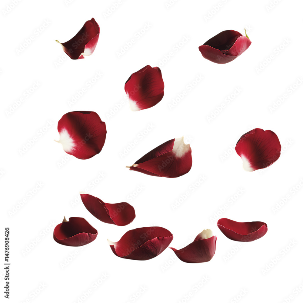 Fototapeta premium Red Rose Petals Isolated on Transparent Background. Red Rose Petals PNG. Falling Rose Petals.