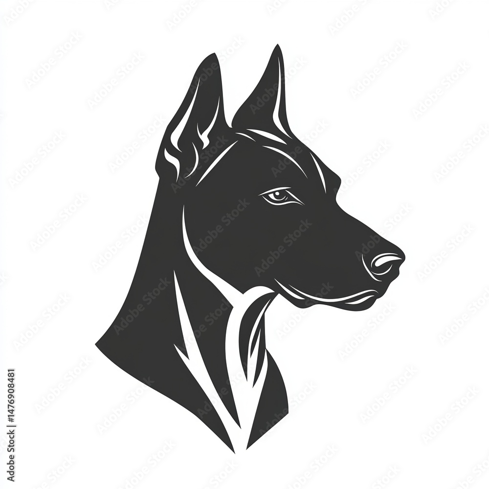 Naklejka premium Black and white stylized Doberman head logo with clean lines and angular contours expresses strength, precision, and elegance