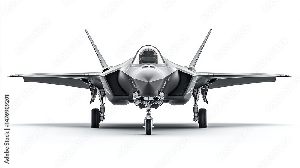 Fototapeta premium Sleek, gray military jet with angular design on white