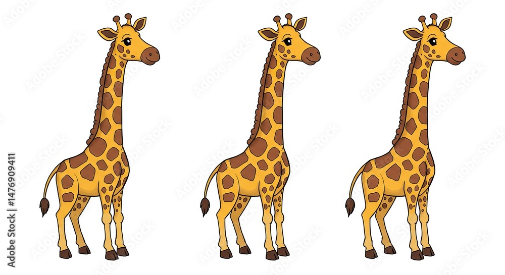 Fototapeta premium Three Cartoon Giraffes Posing in a Row Illustration