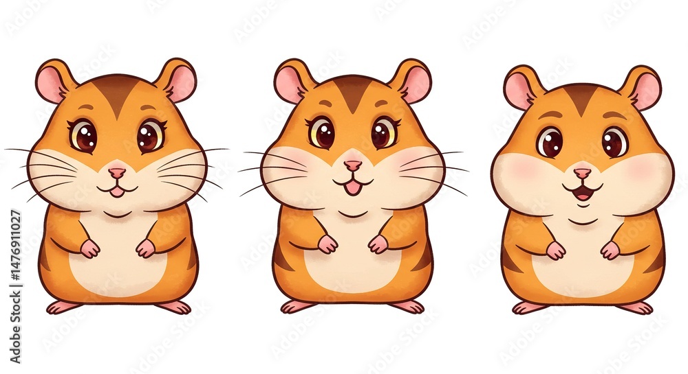 Obraz premium Cute Hamster Cartoon Characters Set Happy Animal Illustration