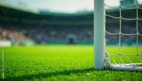 Close-up of a football goal post with a blurry background showing a green field , field, summer, blur